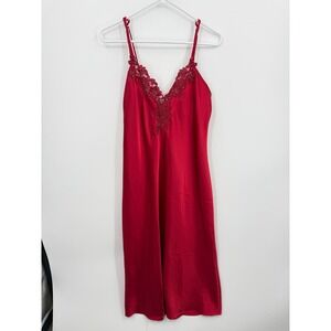 Expressions California Dynasty Nightgown Women Medium Red Satin Lace Beaded Slip